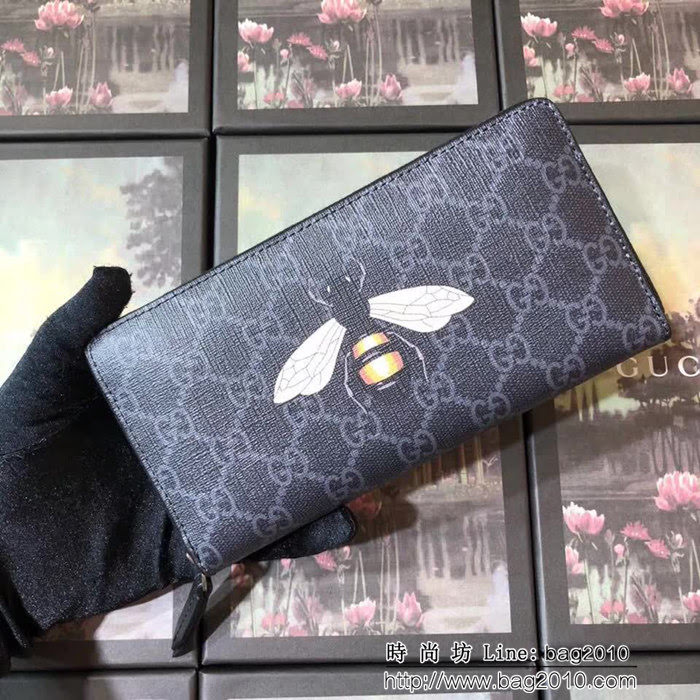 GUCCI古馳 最火爆款 官網同步 G家蜜蜂圖案拉鏈包系列 男士長錢包 451273 蜜蜂克PVC WTG2040
